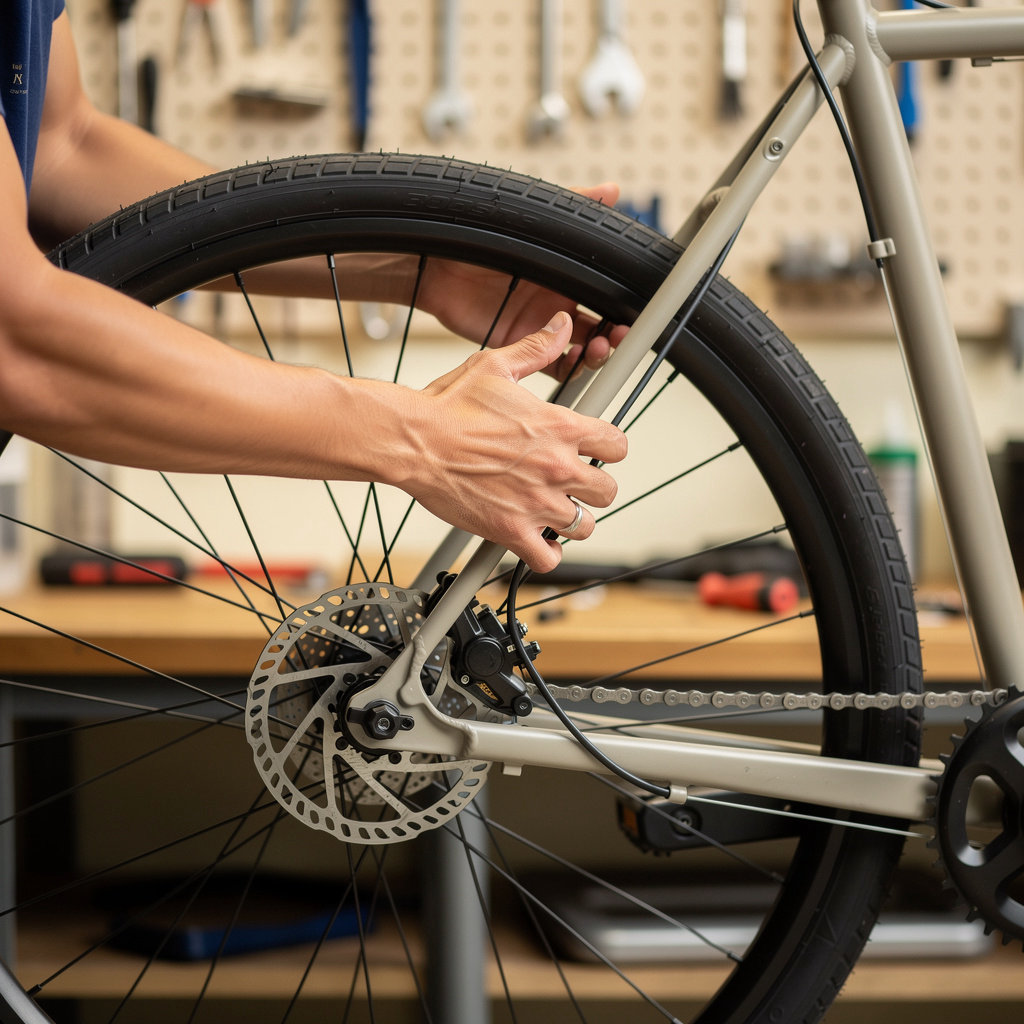 Harbor Light Bike Repair technician checking a bicycle drivetrain and brakes in a Tacoma, WA repair shop