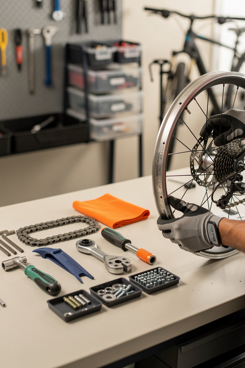 Harbor Light Bike Repair workbench with bike tools for Tacoma tune-ups, flat fixes and e-bike service